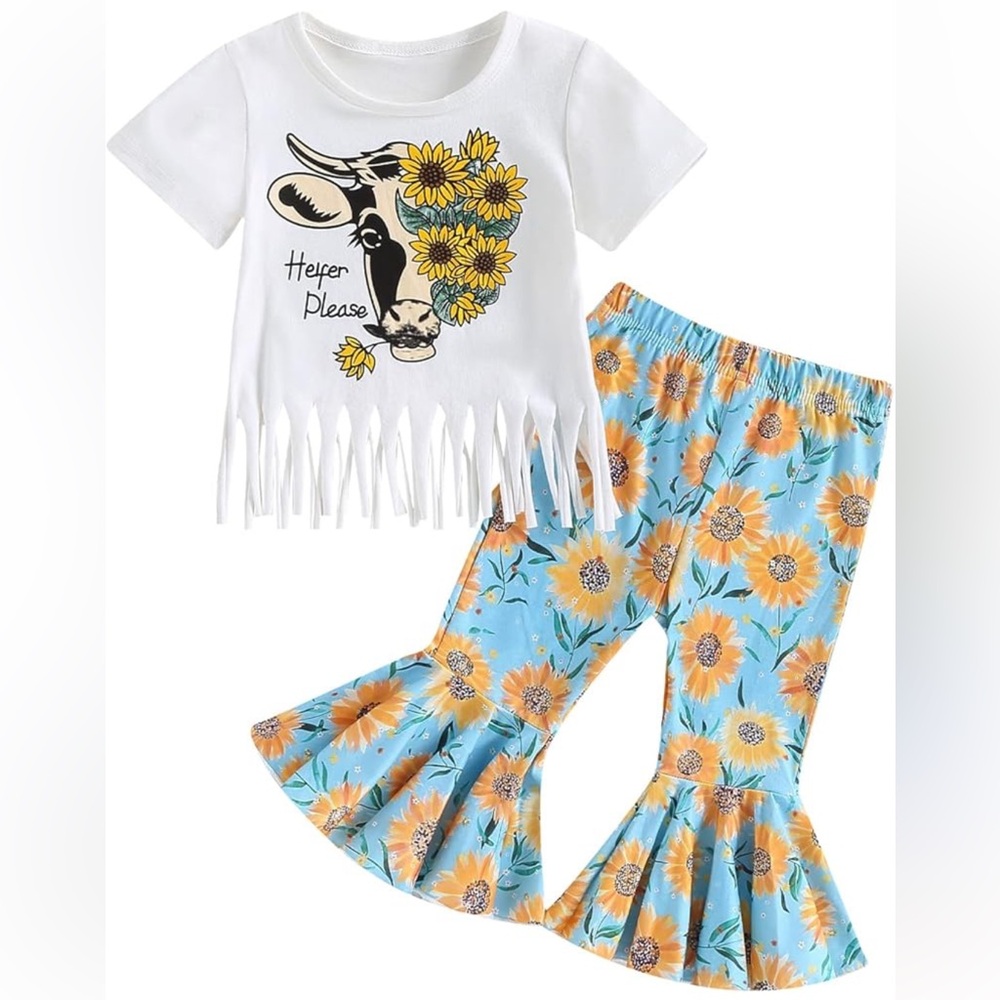 Boutique Baby girl western outfit 12-18 months cow sunflower bell bottoms